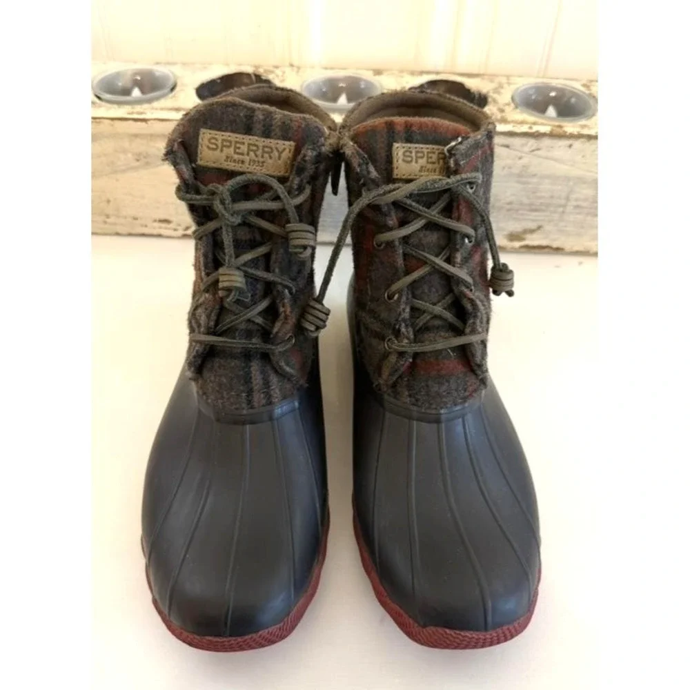 Sperry Duck Boots Womens Size‎ 9.5 Plaid Wool Saltwater Gray Waterproof STS95922